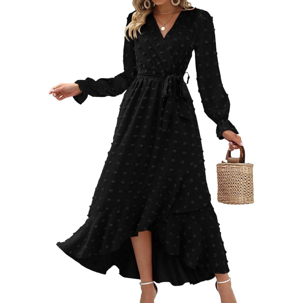 imageBTFBM Long Sleeve Maxi Dresses for Women Swiss Dot Boho Flowy Slit Cocktail Wedding Guest Dress Spring Clothes 2026Black