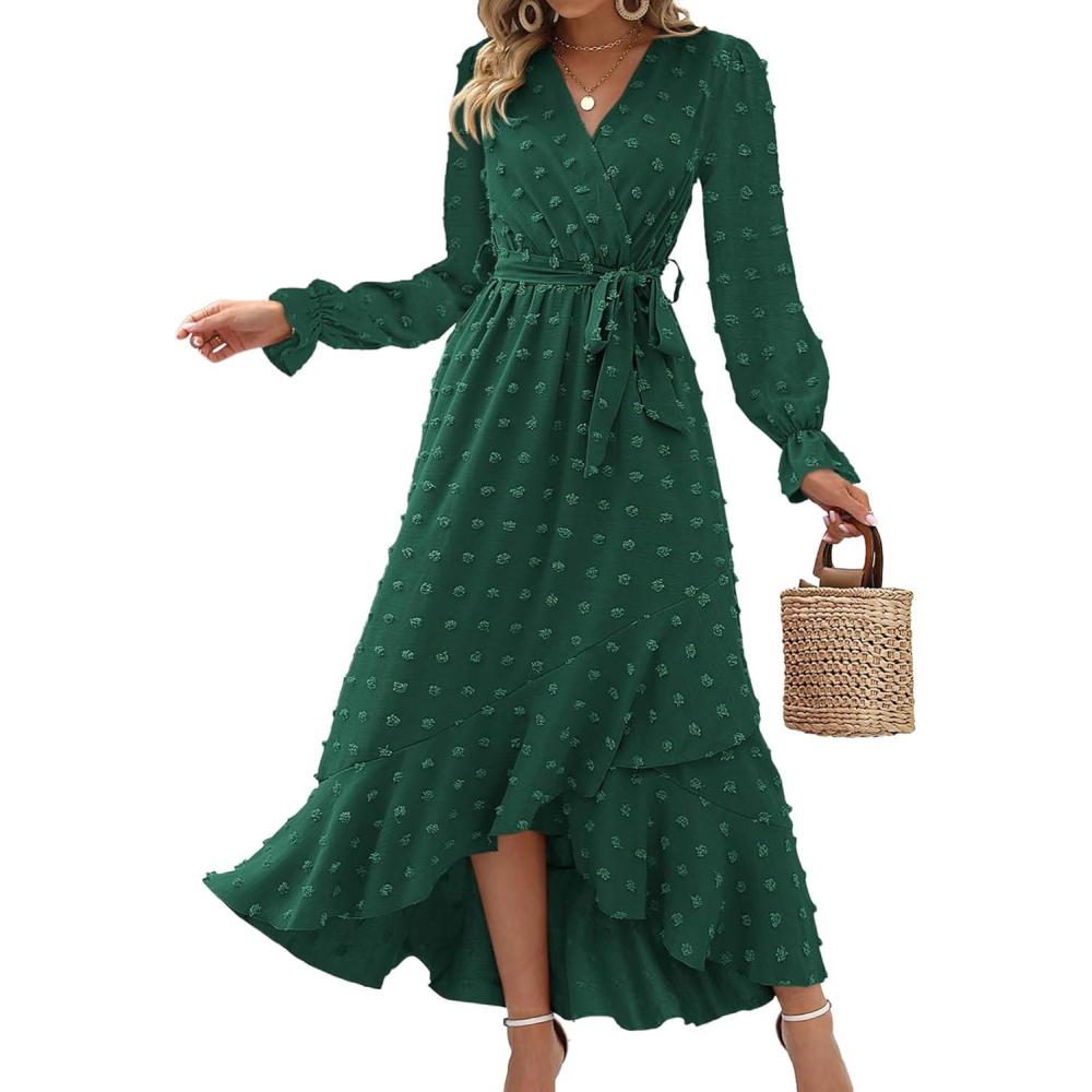 imageBTFBM Long Sleeve Maxi Dresses for Women Swiss Dot Boho Flowy Slit Cocktail Wedding Guest Dress Spring Clothes 2026Dark Green