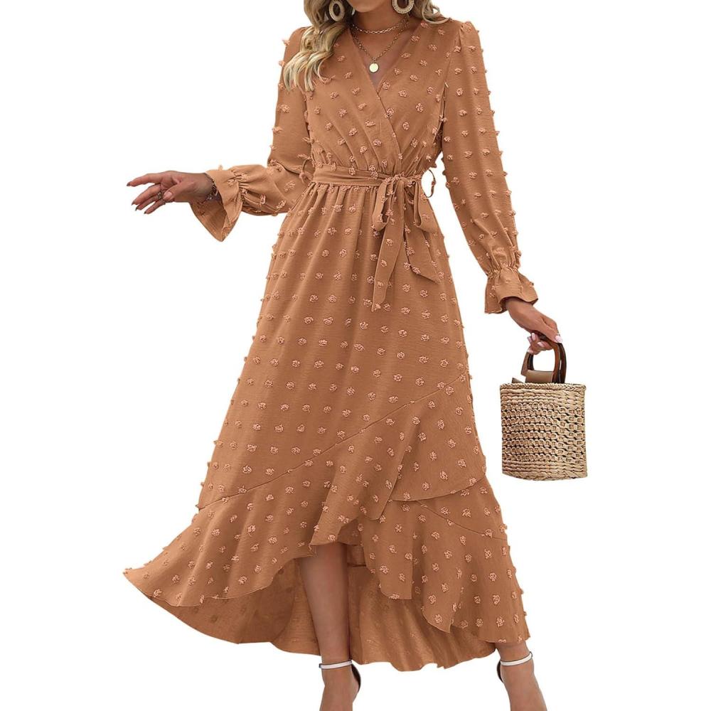 imageBTFBM Long Sleeve Maxi Dresses for Women Swiss Dot Boho Flowy Slit Cocktail Wedding Guest Dress Spring Clothes 2026Khaki