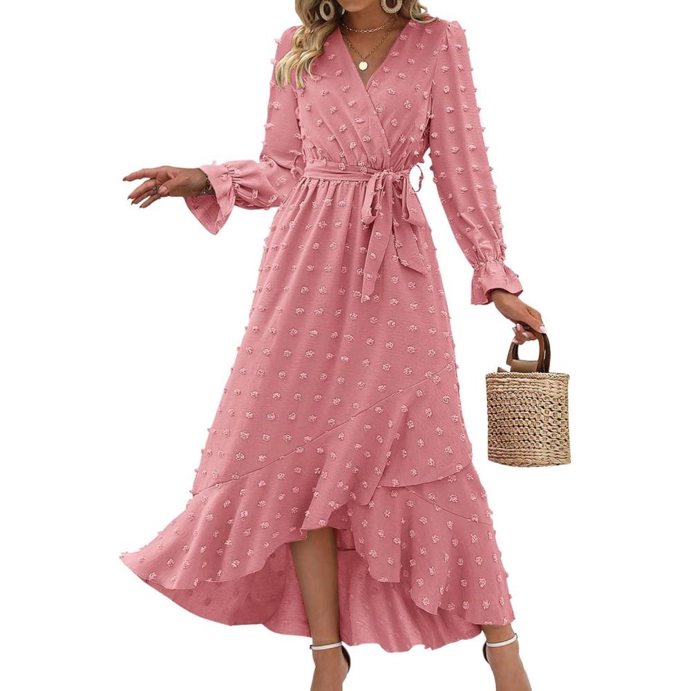 imageBTFBM Long Sleeve Maxi Dresses for Women Swiss Dot Boho Flowy Slit Cocktail Wedding Guest Dress Spring Clothes 2026Light Pink