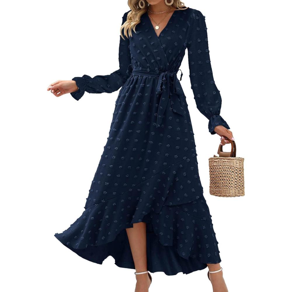 imageBTFBM Long Sleeve Maxi Dresses for Women Swiss Dot Boho Flowy Slit Cocktail Wedding Guest Dress Spring Clothes 2026Navy