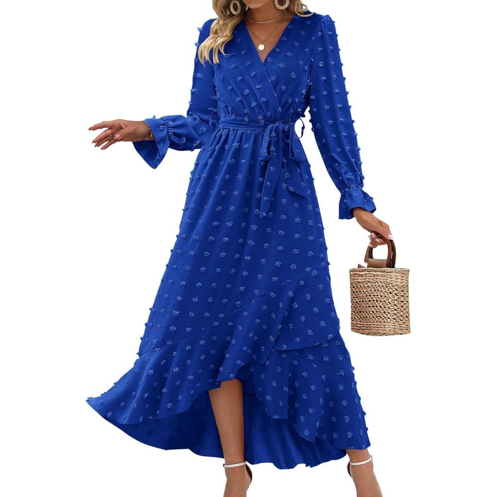imageBTFBM Long Sleeve Maxi Dresses for Women Swiss Dot Boho Flowy Slit Cocktail Wedding Guest Dress Spring Clothes 2026Royal Blue