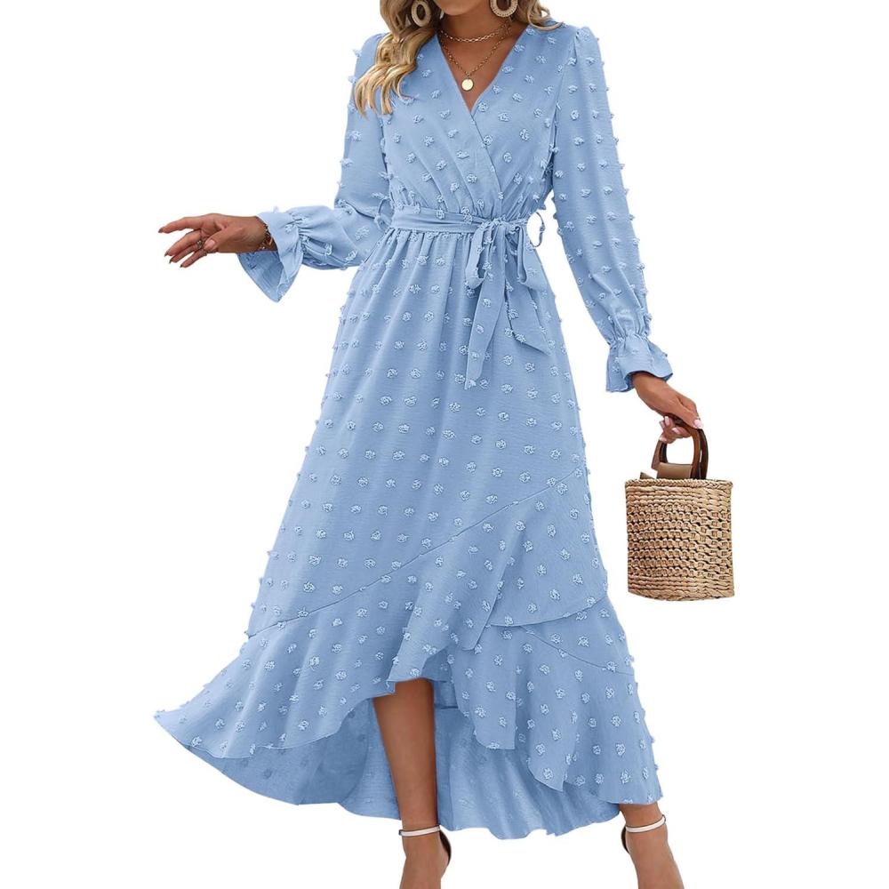 imageBTFBM Long Sleeve Maxi Dresses for Women Swiss Dot Boho Flowy Slit Cocktail Wedding Guest Dress Spring Clothes 2026Sky Blue