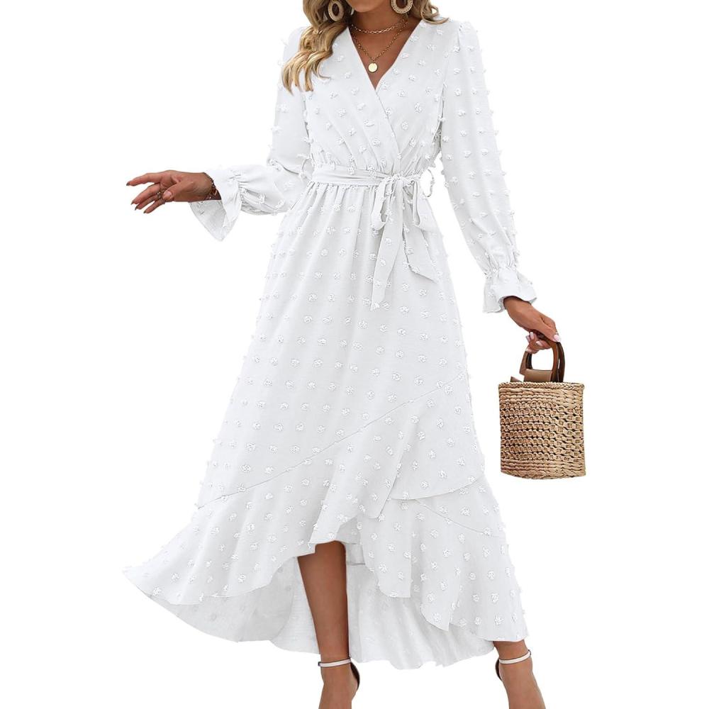 imageBTFBM Long Sleeve Maxi Dresses for Women Swiss Dot Boho Flowy Slit Cocktail Wedding Guest Dress Spring Clothes 2026White