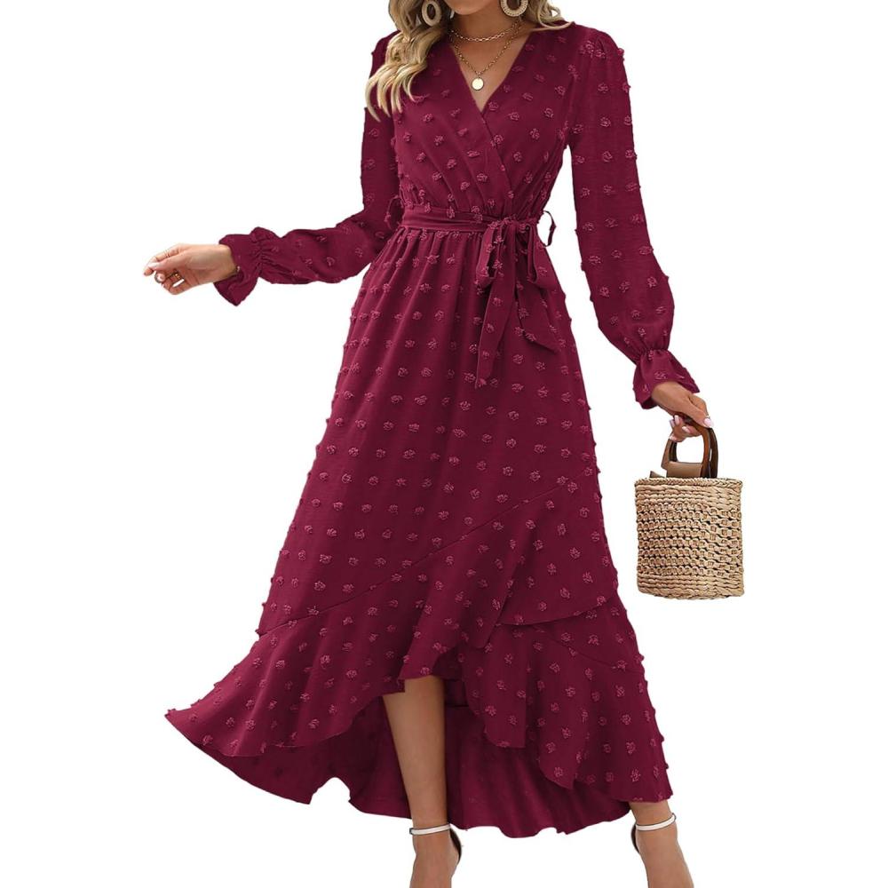 imageBTFBM Long Sleeve Maxi Dresses for Women Swiss Dot Boho Flowy Slit Cocktail Wedding Guest Dress Spring Clothes 2026Wine Red