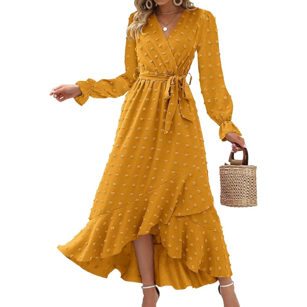 imageBTFBM Long Sleeve Maxi Dresses for Women Swiss Dot Boho Flowy Slit Cocktail Wedding Guest Dress Spring Clothes 2026Yellow