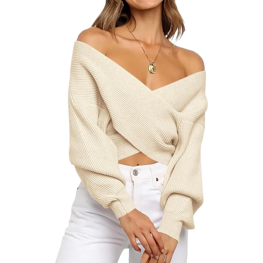 imageBTFBM Off The Shoulder Sweater for Women Winter Fall Fashion 2025 V Neck Long Sleeve Ribbed Knit Wrap Cropped SweatersApricot