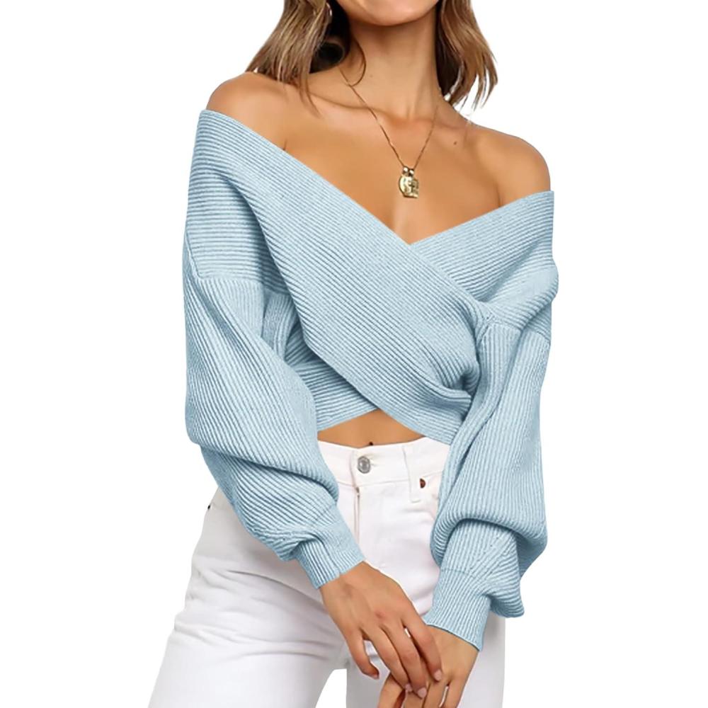 imageBTFBM Off The Shoulder Sweater for Women Winter Fall Fashion 2025 V Neck Long Sleeve Ribbed Knit Wrap Cropped SweatersBlue