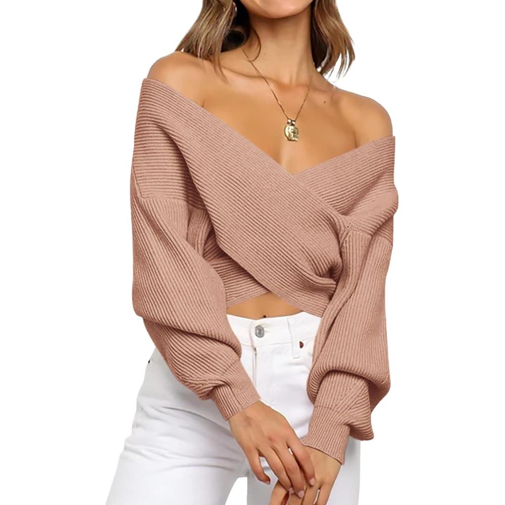 imageBTFBM Off The Shoulder Sweater for Women Winter Fall Fashion 2025 V Neck Long Sleeve Ribbed Knit Wrap Cropped SweatersKhaki