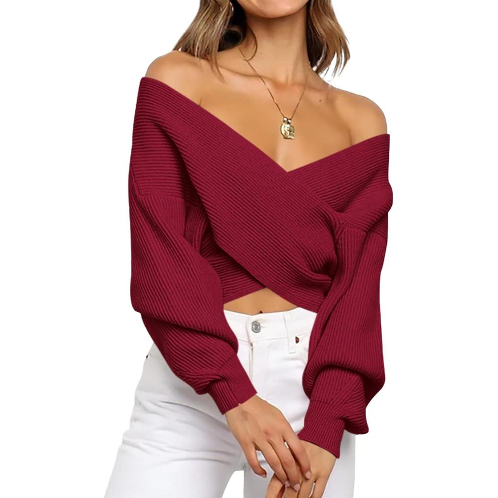 imageBTFBM Off The Shoulder Sweater for Women Winter Fall Fashion 2025 V Neck Long Sleeve Ribbed Knit Wrap Cropped SweatersWine Red