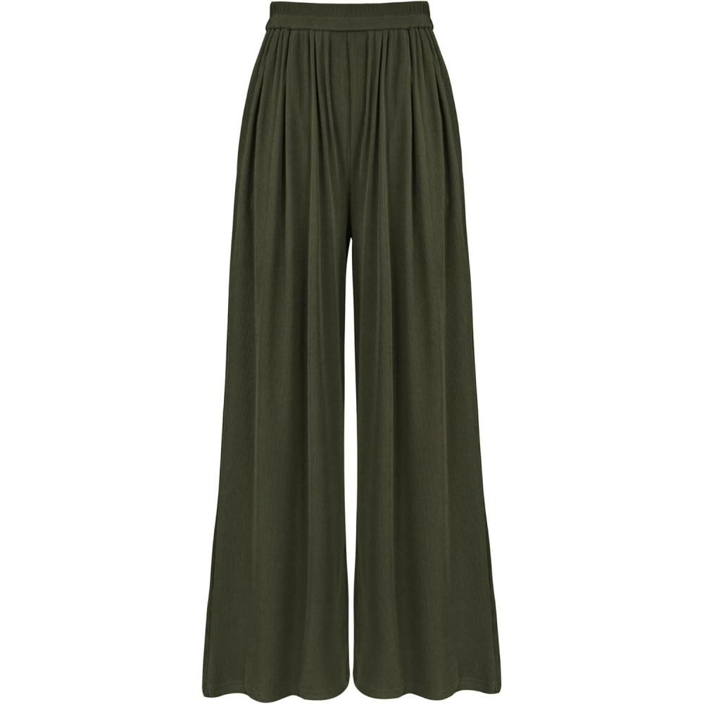 imageBTFBM Palazzo Pants for Women Spring Summer Clothes 2026 Pockets High Waist Casual Knit Flowy Wide Leg TrousersArmy Green