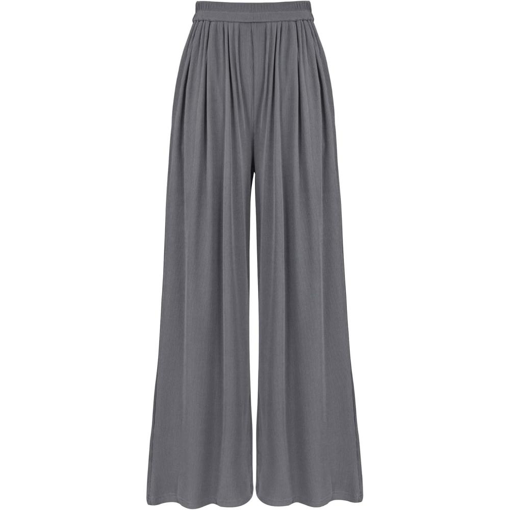 imageBTFBM Palazzo Pants for Women Spring Summer Clothes 2026 Pockets High Waist Casual Knit Flowy Wide Leg TrousersGrey