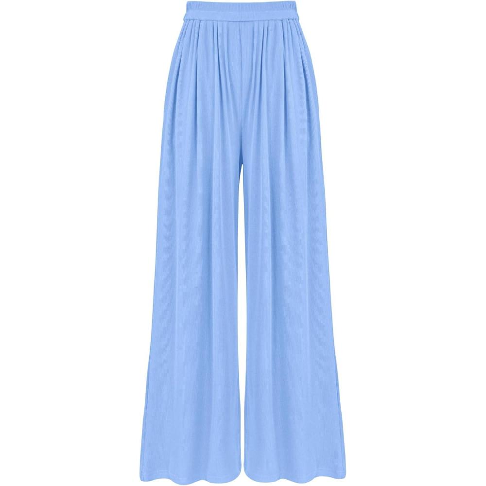imageBTFBM Palazzo Pants for Women Spring Summer Clothes 2026 Pockets High Waist Casual Knit Flowy Wide Leg TrousersLight Blue
