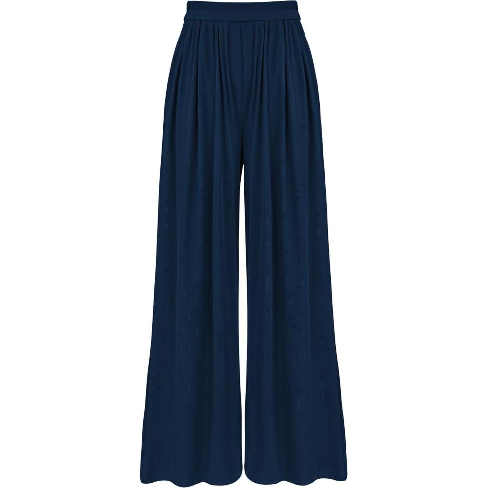 imageBTFBM Palazzo Pants for Women Spring Summer Clothes 2026 Pockets High Waist Casual Knit Flowy Wide Leg TrousersNavy
