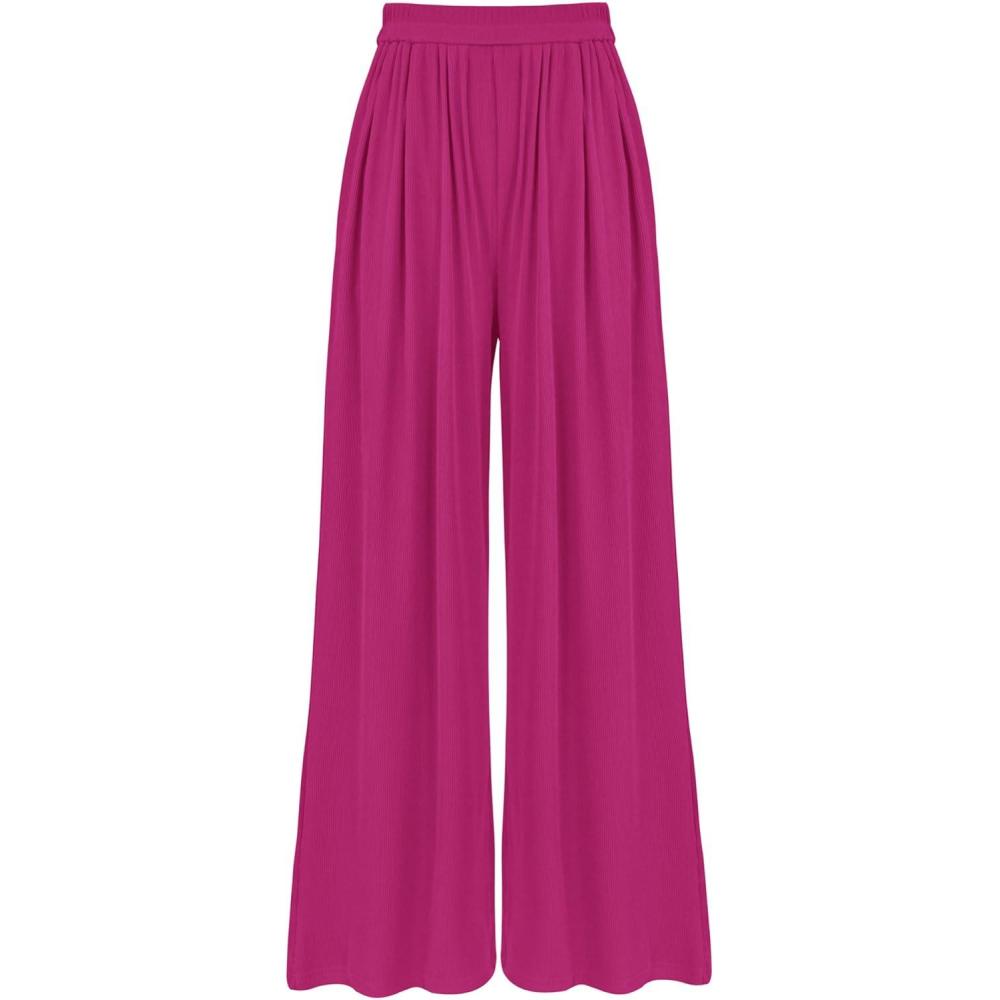 imageBTFBM Palazzo Pants for Women Spring Summer Clothes 2026 Pockets High Waist Casual Knit Flowy Wide Leg TrousersRose Red