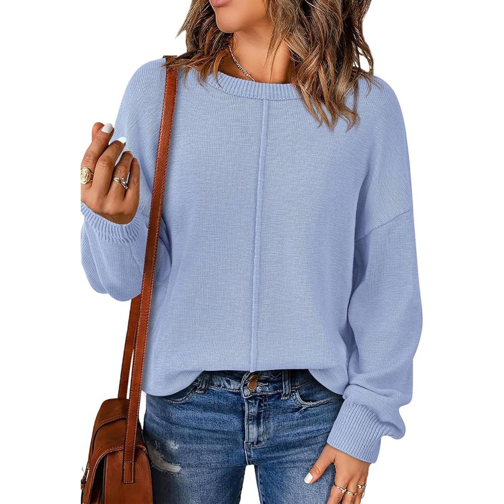 imageBTFBM Pullover Sweaters for Women Fall Crewneck Slouchy Long Sleeve Sweater Loose Casual Knit Tops Winter Clothes 2026Blue