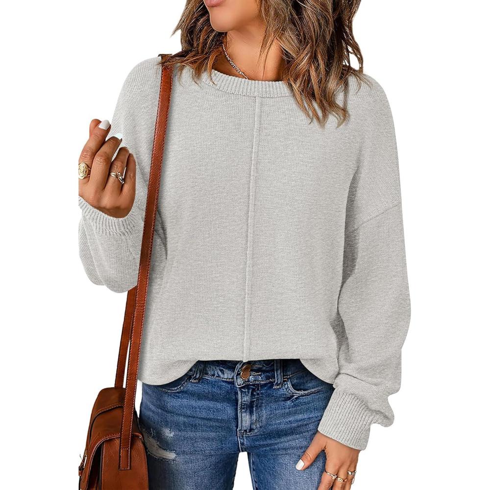 imageBTFBM Pullover Sweaters for Women Fall Crewneck Slouchy Long Sleeve Sweater Loose Casual Knit Tops Winter Clothes 2026Light Grey