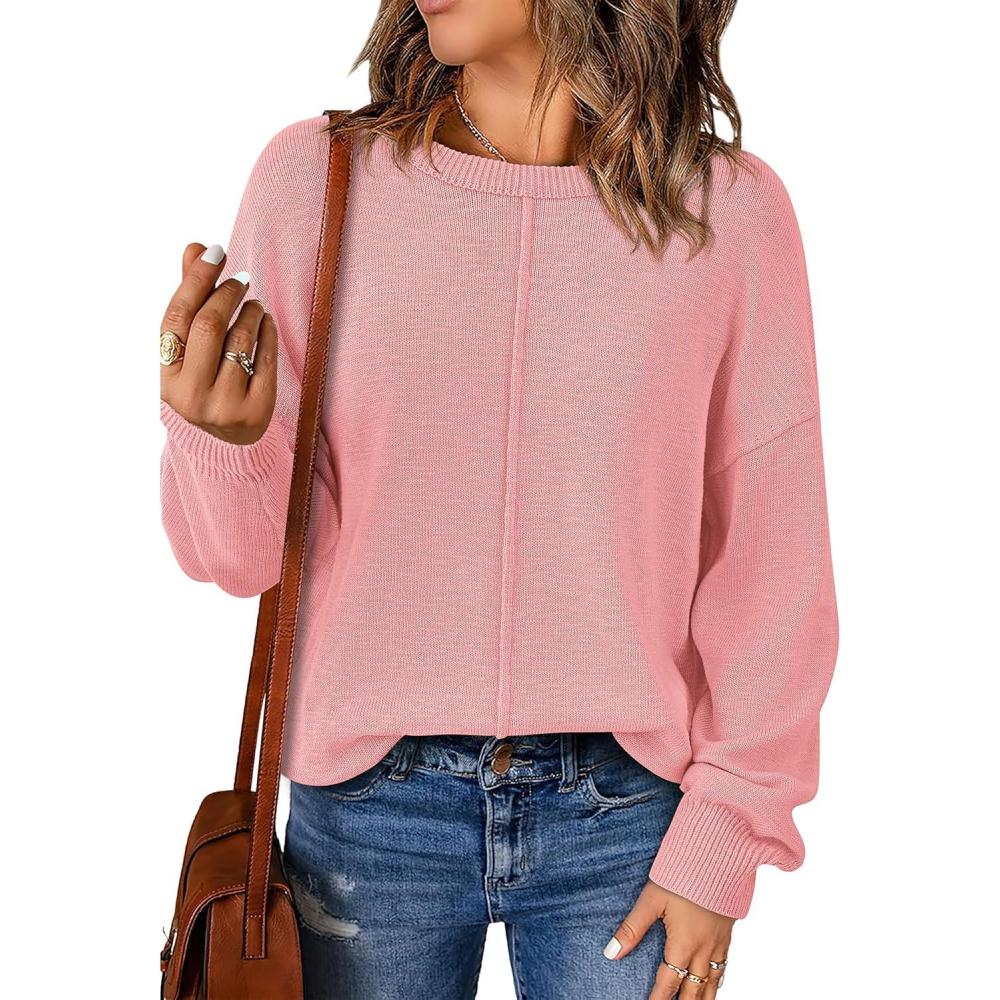 imageBTFBM Pullover Sweaters for Women Fall Crewneck Slouchy Long Sleeve Sweater Loose Casual Knit Tops Winter Clothes 2026Pink