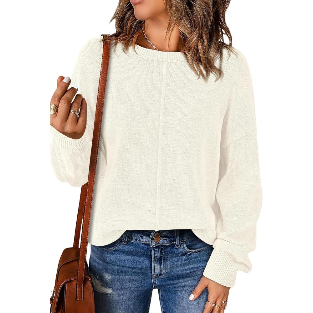 imageBTFBM Pullover Sweaters for Women Fall Crewneck Slouchy Long Sleeve Sweater Loose Casual Knit Tops Winter Clothes 2026White