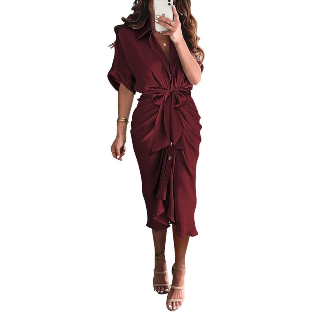 imageBTFBM Shirt Dresses for Women Button Down Short Sleeve Satin Ruched Maxi Spring Dress 2026 Cocktail Party Wedding GuestDark Wine Red