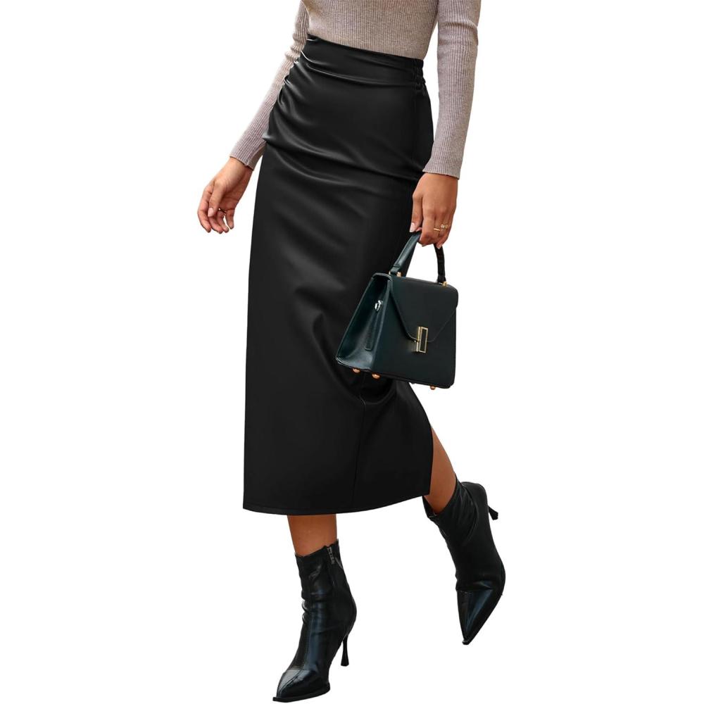 imageBTFBM Skirts for Women Trendy Fall 2025 Elastic Waist Ruched Bodycon Slit Pencil Midi Leather Skirt Bussiness CasualBlack