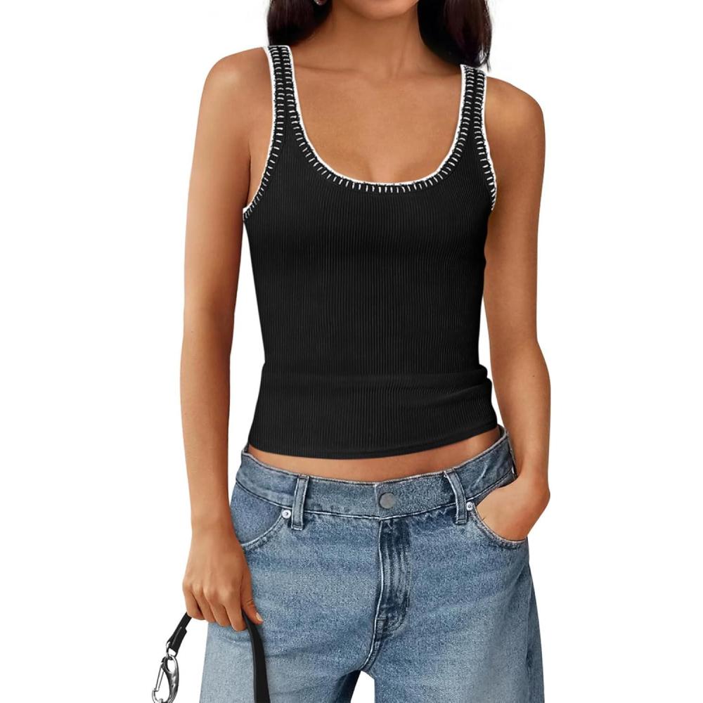 imageBTFBM Sleeveless Tops for Women 2026 Summer Scoop Neck Tank Stitch Ribbed Knit Sweater Vest Casual Beach Vacation OutfitBlack