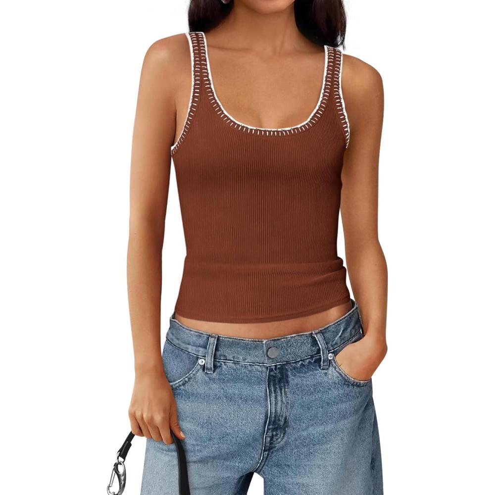 imageBTFBM Sleeveless Tops for Women 2026 Summer Scoop Neck Tank Stitch Ribbed Knit Sweater Vest Casual Beach Vacation OutfitBrick Red