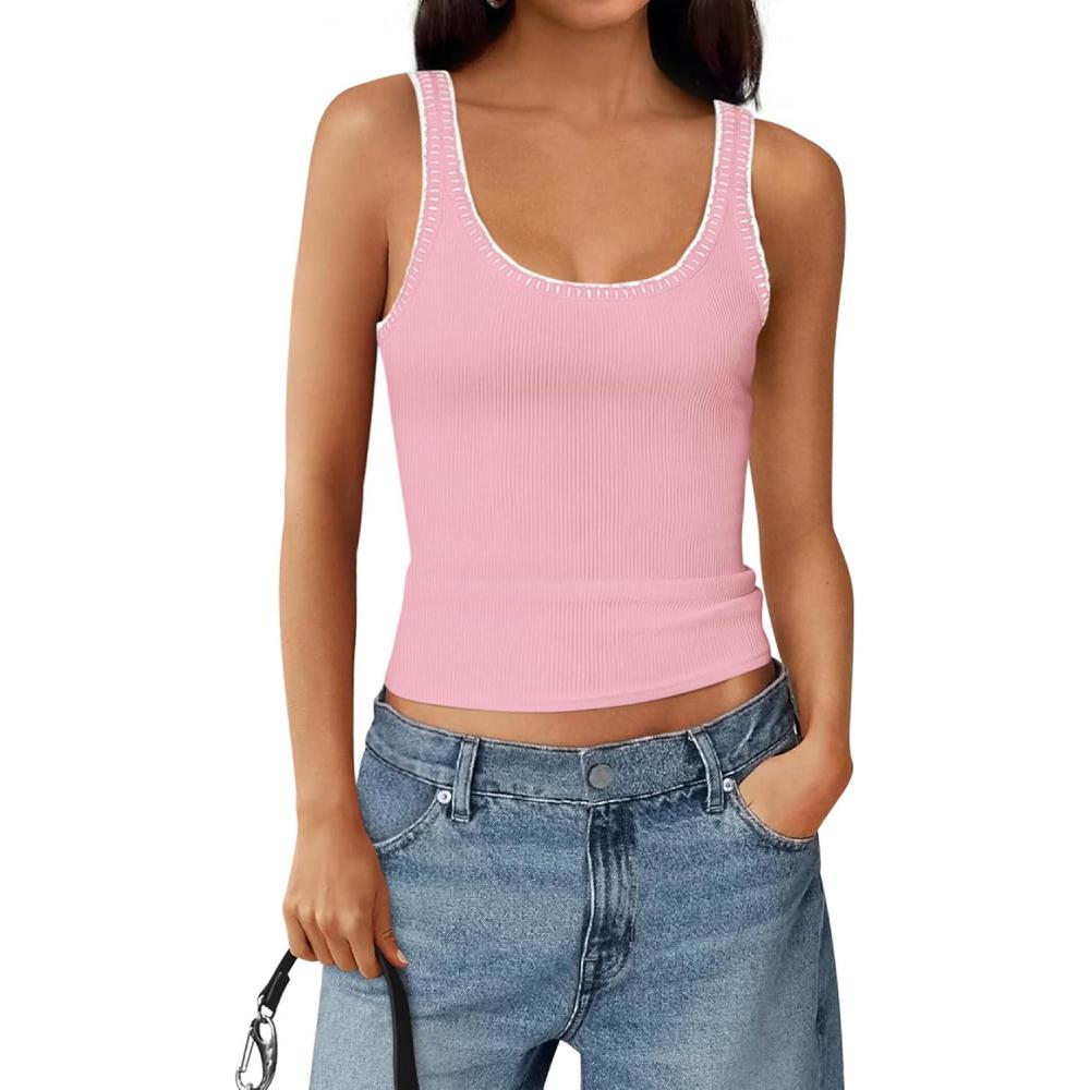 imageBTFBM Sleeveless Tops for Women 2026 Summer Scoop Neck Tank Stitch Ribbed Knit Sweater Vest Casual Beach Vacation OutfitPink