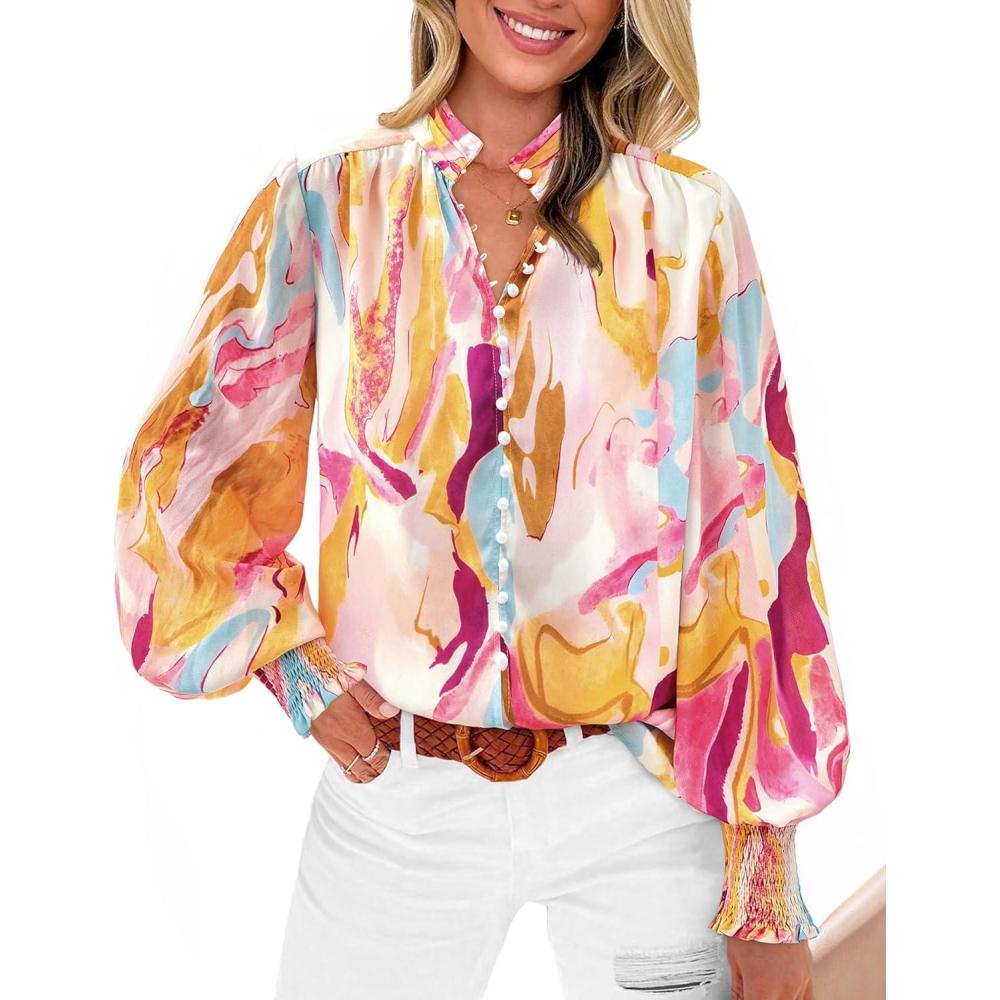 imageBTFBM Spring Fashion 2025 Button Down Long Sleeve Blouses for Women Dressy Casual V Neck Loose Printed Boho Tops Shirts