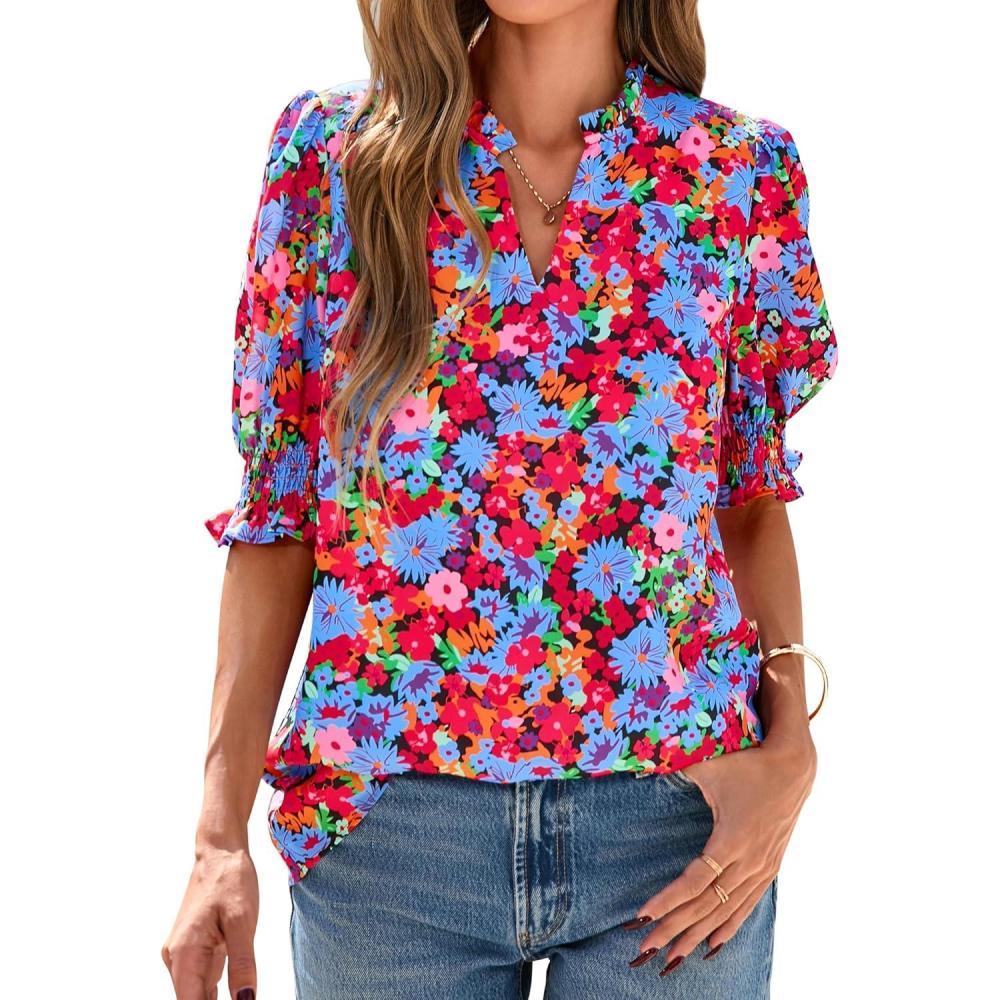 imageBTFBM Summer Blouses for Women Dressy Casual 2026 Fashion Spring Tops Floral Boho V Neck Puff Short Sleeve Top ShirtsFloral Black Multi