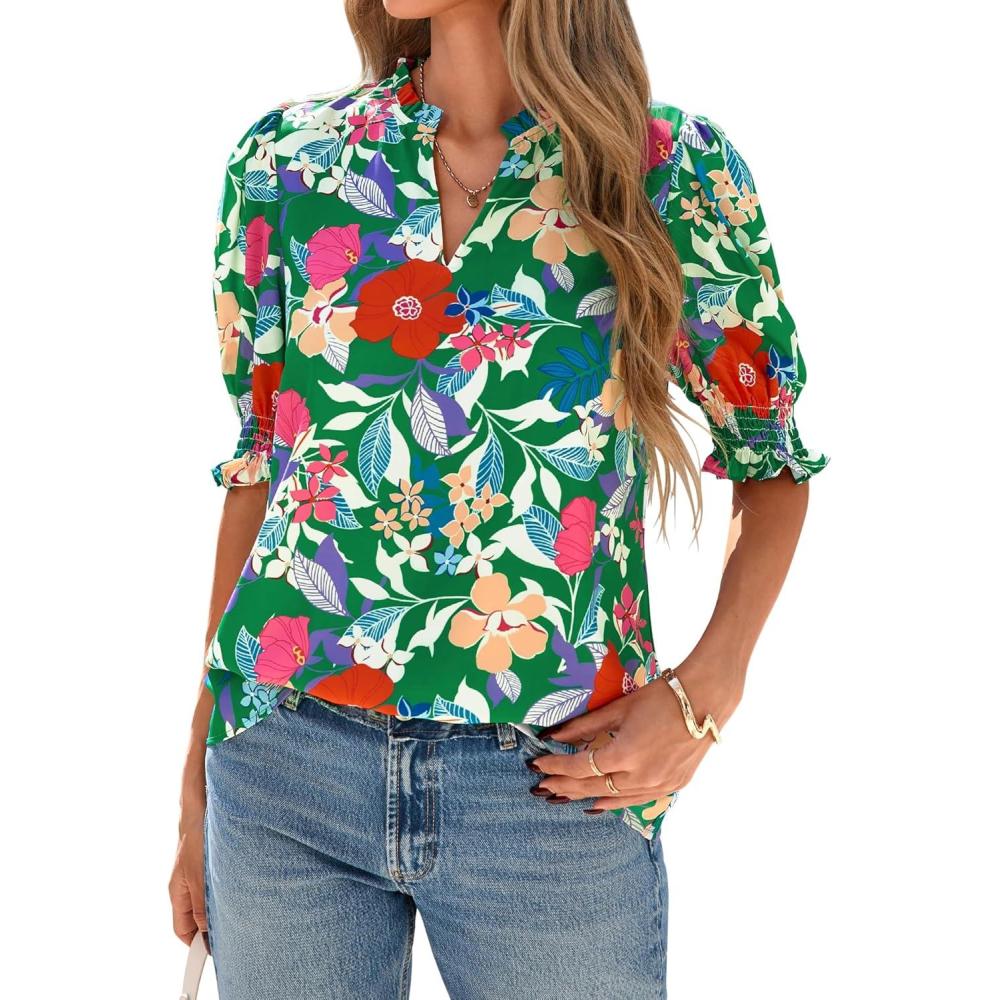 imageBTFBM Summer Blouses for Women Dressy Casual 2026 Fashion Spring Tops Floral Boho V Neck Puff Short Sleeve Top ShirtsFloral Green Multi