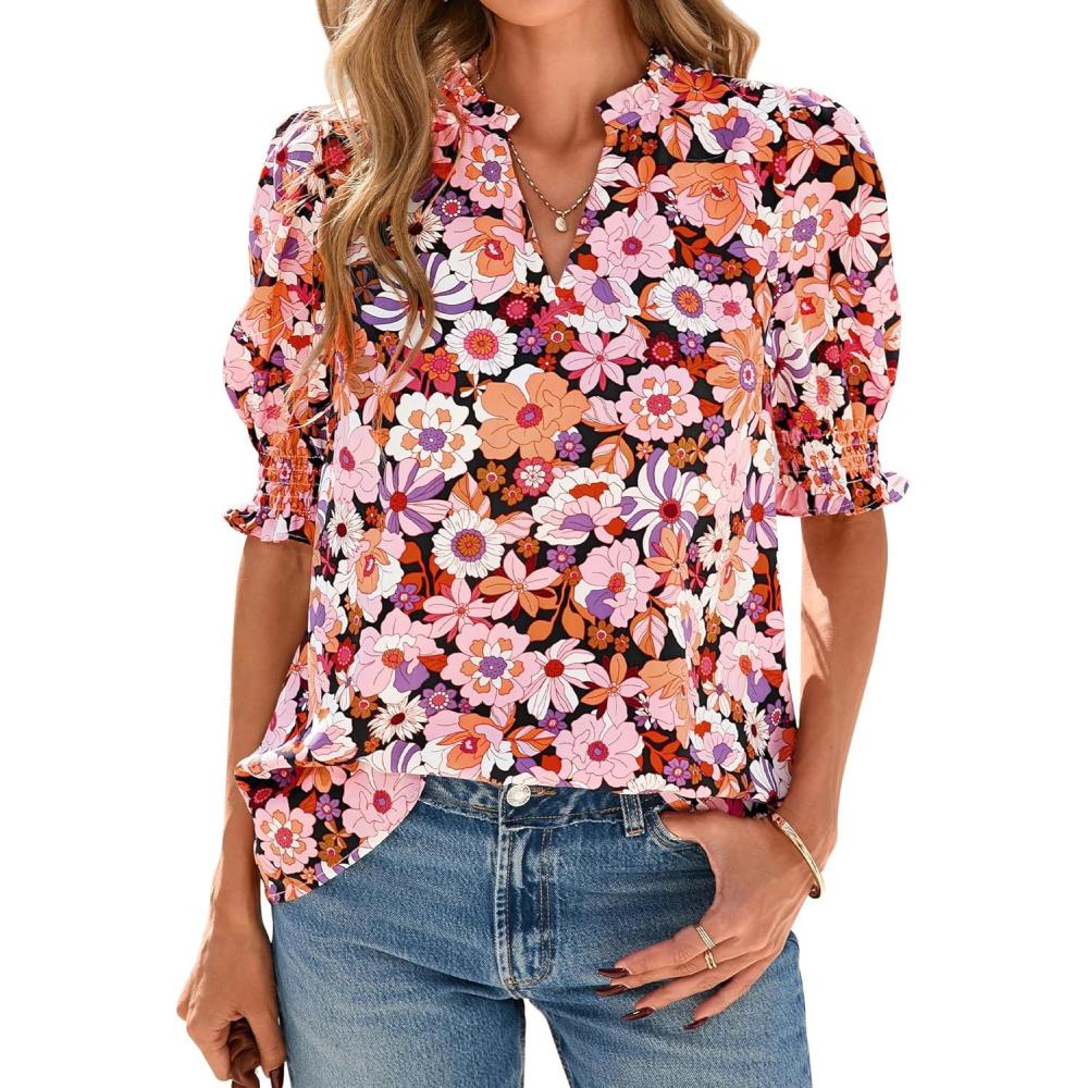 imageBTFBM Summer Blouses for Women Dressy Casual 2026 Fashion Spring Tops Floral Boho V Neck Puff Short Sleeve Top ShirtsFloral Orange Pink
