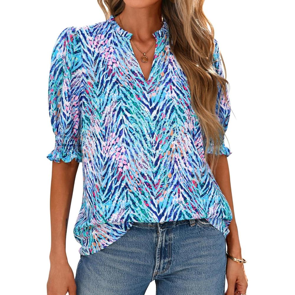 imageBTFBM Summer Blouses for Women Dressy Casual 2026 Fashion Spring Tops Floral Boho V Neck Puff Short Sleeve Top ShirtsFloral Pink Blue
