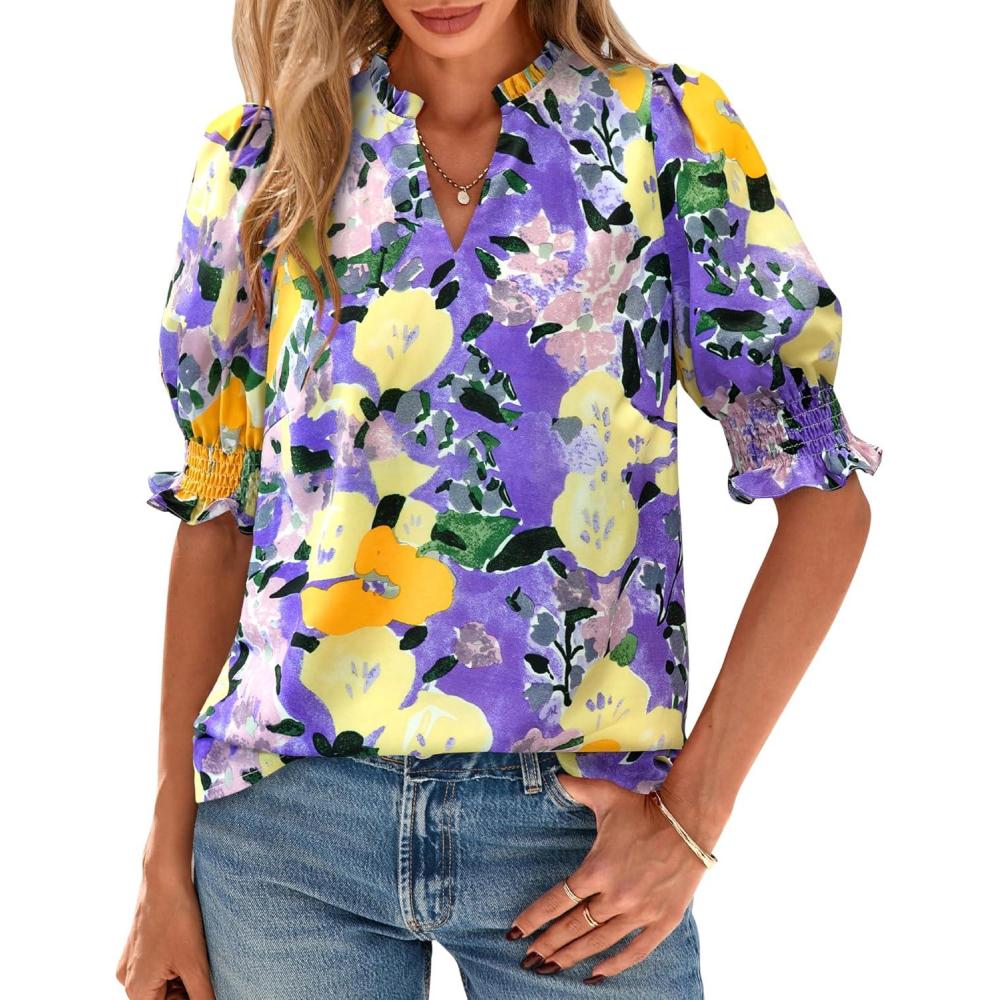 imageBTFBM Summer Blouses for Women Dressy Casual 2026 Fashion Spring Tops Floral Boho V Neck Puff Short Sleeve Top ShirtsFloral Purple Yellow