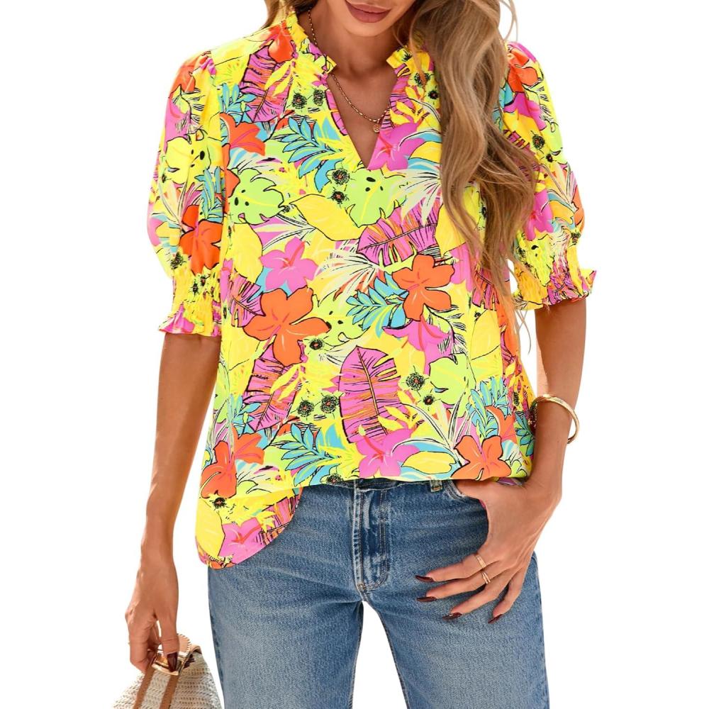 imageBTFBM Summer Blouses for Women Dressy Casual 2026 Fashion Spring Tops Floral Boho V Neck Puff Short Sleeve Top ShirtsFloral Yellow Pink