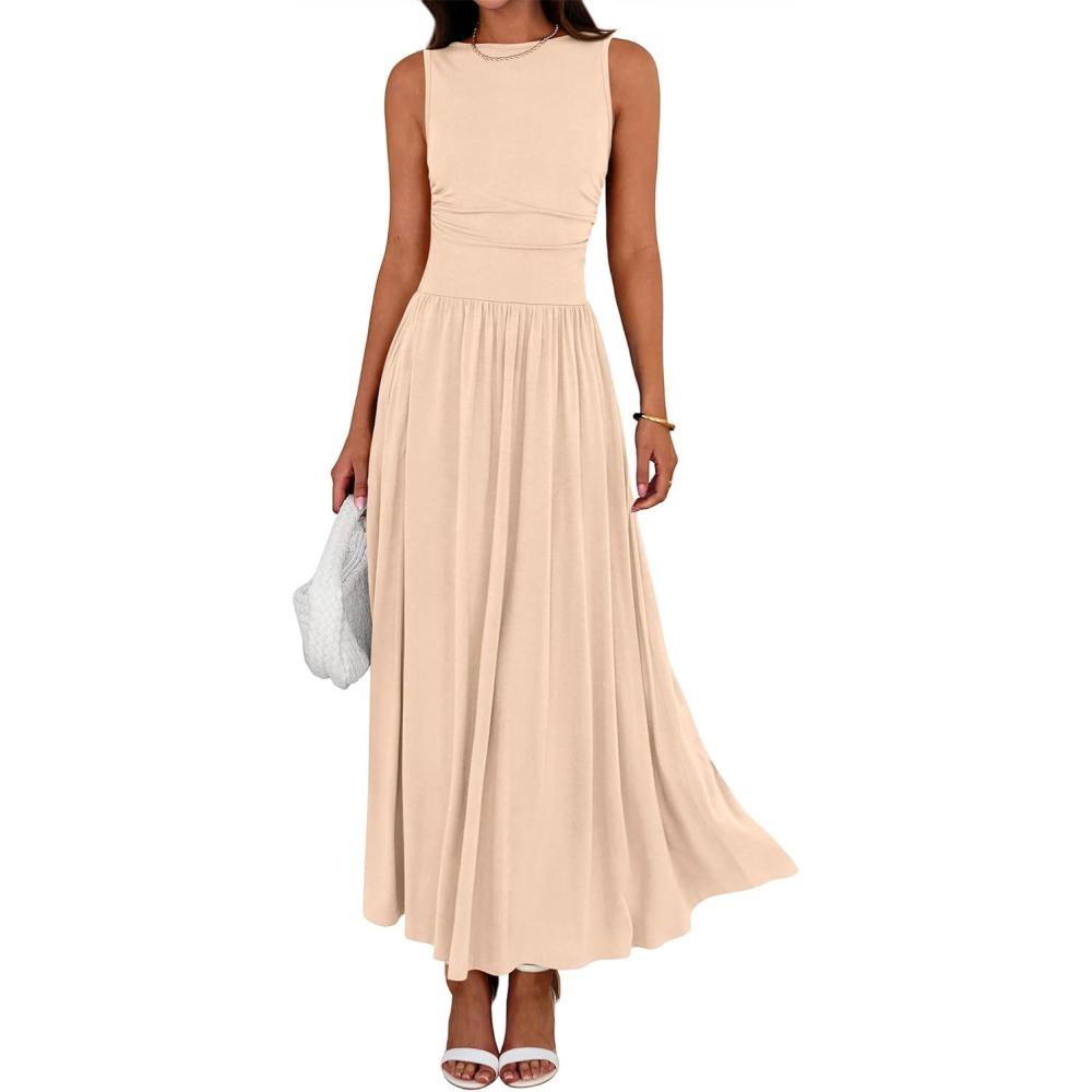 imageBTFBM Summer Maxi Dresses for Women 2026 Spring Sleeveless Casual Ruched High Waisted Long Sundress Flowy Beach DressBeige