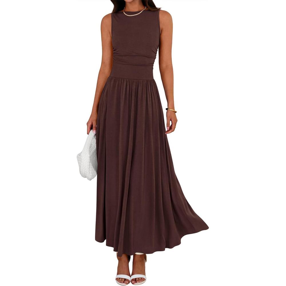 imageBTFBM Summer Maxi Dresses for Women 2026 Spring Sleeveless Casual Ruched High Waisted Long Sundress Flowy Beach DressCoffee