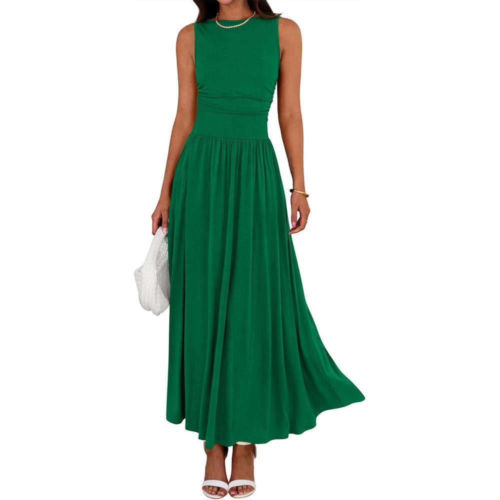 imageBTFBM Summer Maxi Dresses for Women 2026 Spring Sleeveless Casual Ruched High Waisted Long Sundress Flowy Beach DressGreen
