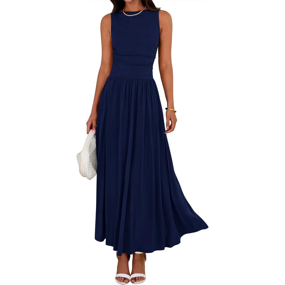 imageBTFBM Summer Maxi Dresses for Women 2026 Spring Sleeveless Casual Ruched High Waisted Long Sundress Flowy Beach DressNavy