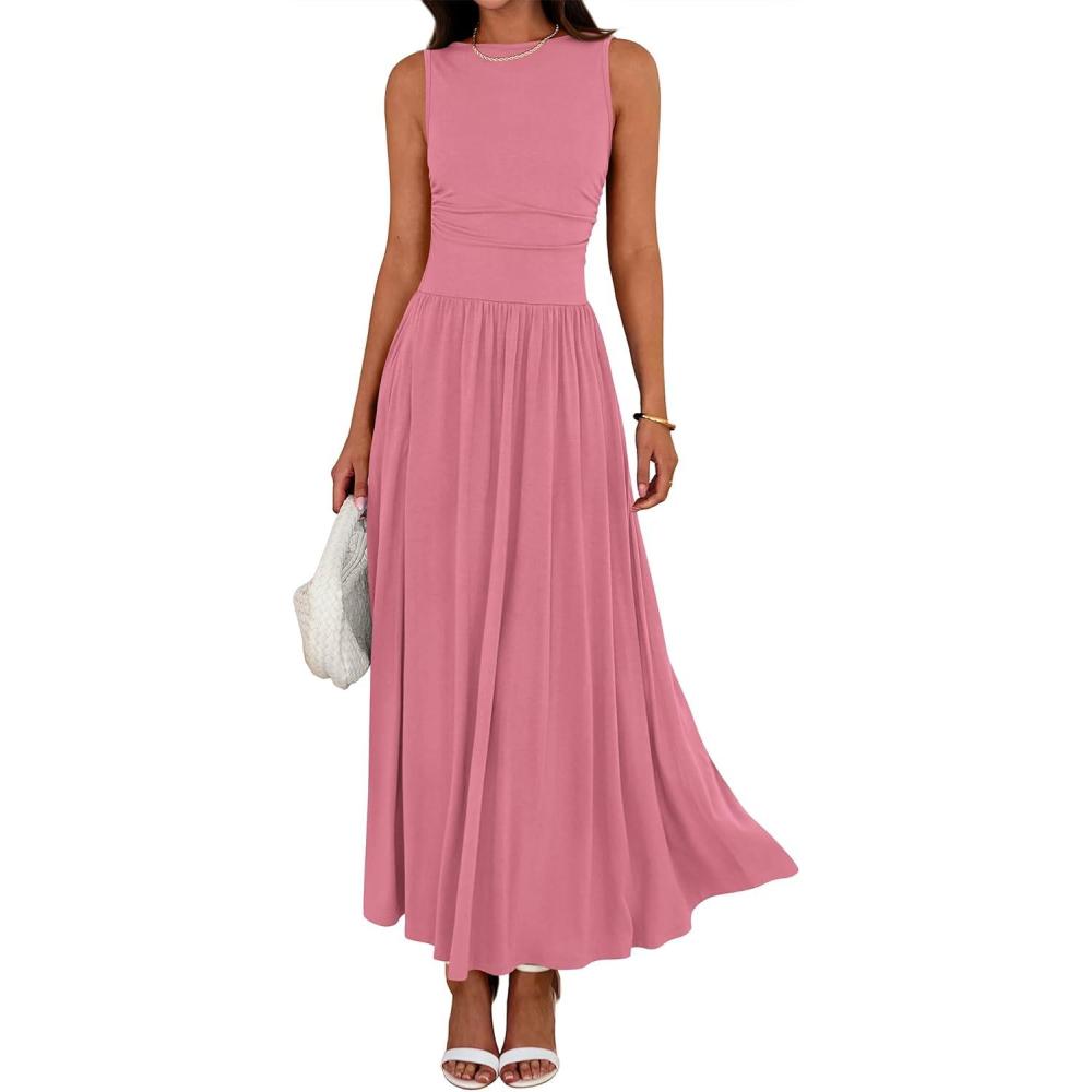 imageBTFBM Summer Maxi Dresses for Women 2026 Spring Sleeveless Casual Ruched High Waisted Long Sundress Flowy Beach DressPink