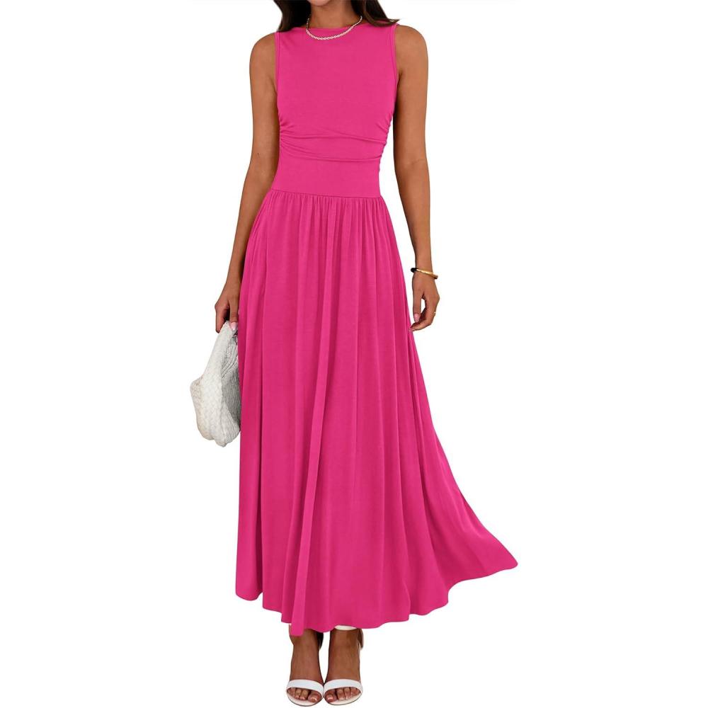 imageBTFBM Summer Maxi Dresses for Women 2026 Spring Sleeveless Casual Ruched High Waisted Long Sundress Flowy Beach DressRose Red