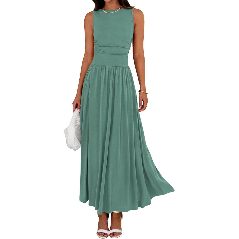 imageBTFBM Summer Maxi Dresses for Women 2026 Spring Sleeveless Casual Ruched High Waisted Long Sundress Flowy Beach DressSage Green