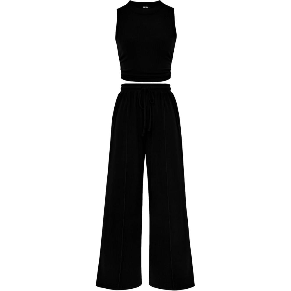 imageBTFBM Summer Outfits For Women 2026 Cropped Sleeveless Tank Tops Wide Leg Pants 2 Piece Sets Beach Lounge Set ClothingBlack