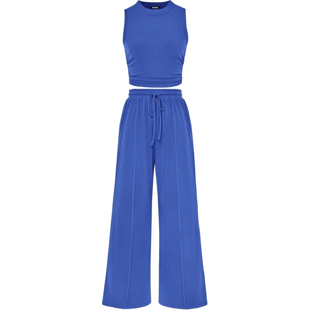 imageBTFBM Summer Outfits For Women 2026 Cropped Sleeveless Tank Tops Wide Leg Pants 2 Piece Sets Beach Lounge Set ClothingBlue