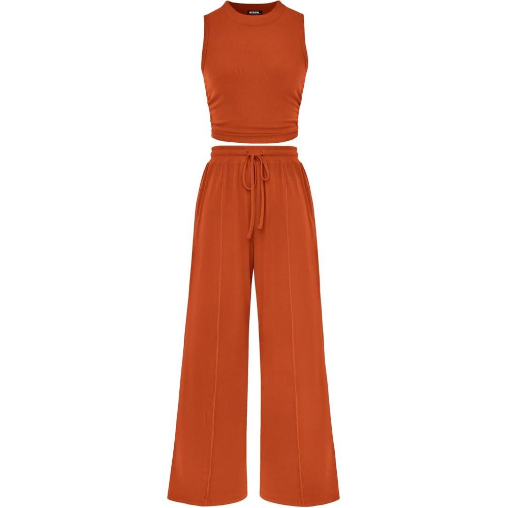imageBTFBM Summer Outfits For Women 2026 Cropped Sleeveless Tank Tops Wide Leg Pants 2 Piece Sets Beach Lounge Set ClothingBrick Red