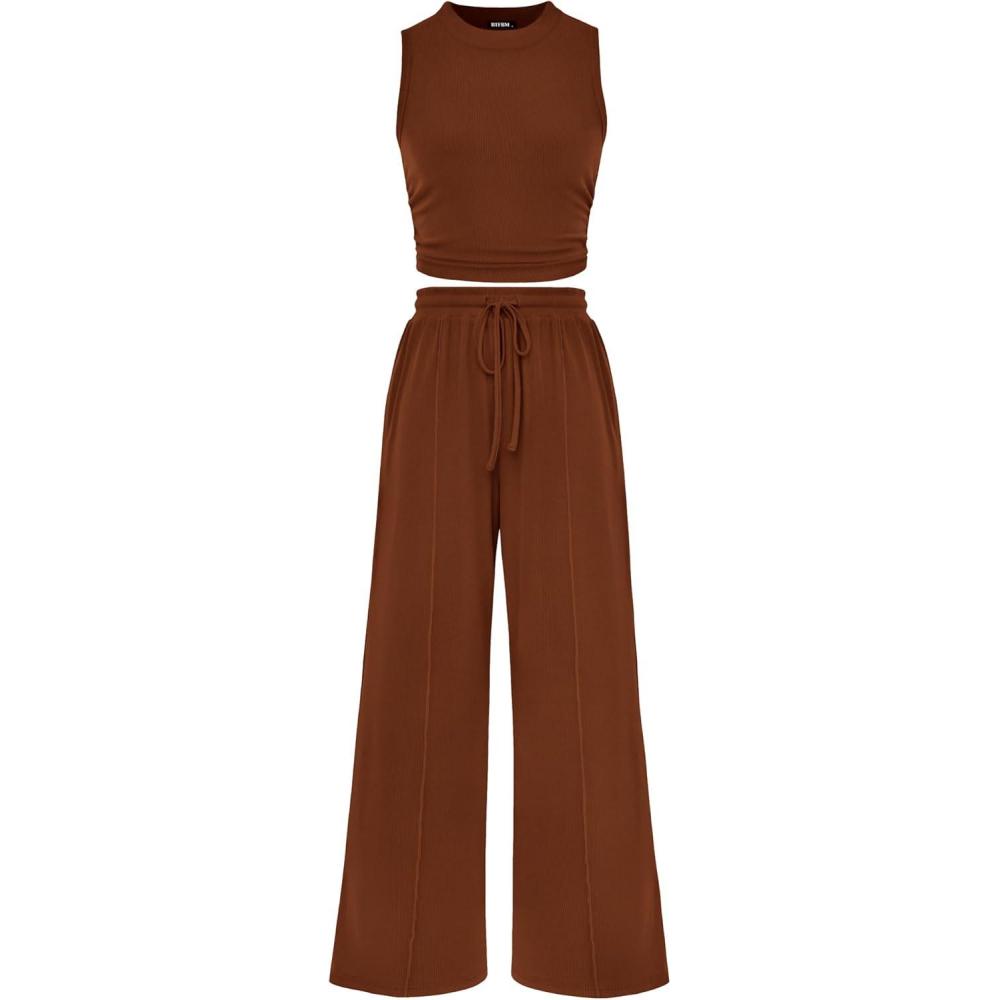 imageBTFBM Summer Outfits For Women 2026 Cropped Sleeveless Tank Tops Wide Leg Pants 2 Piece Sets Beach Lounge Set ClothingBrown
