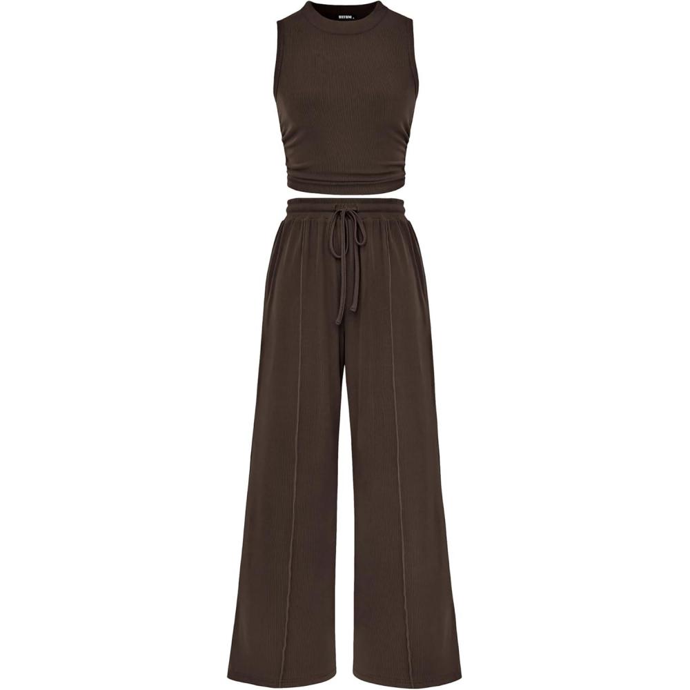 imageBTFBM Summer Outfits For Women 2026 Cropped Sleeveless Tank Tops Wide Leg Pants 2 Piece Sets Beach Lounge Set ClothingCoffee