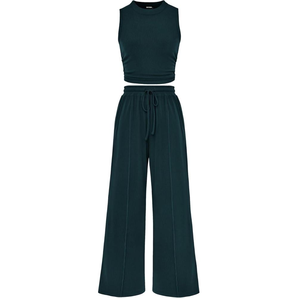 imageBTFBM Summer Outfits For Women 2026 Cropped Sleeveless Tank Tops Wide Leg Pants 2 Piece Sets Beach Lounge Set ClothingDeep Green