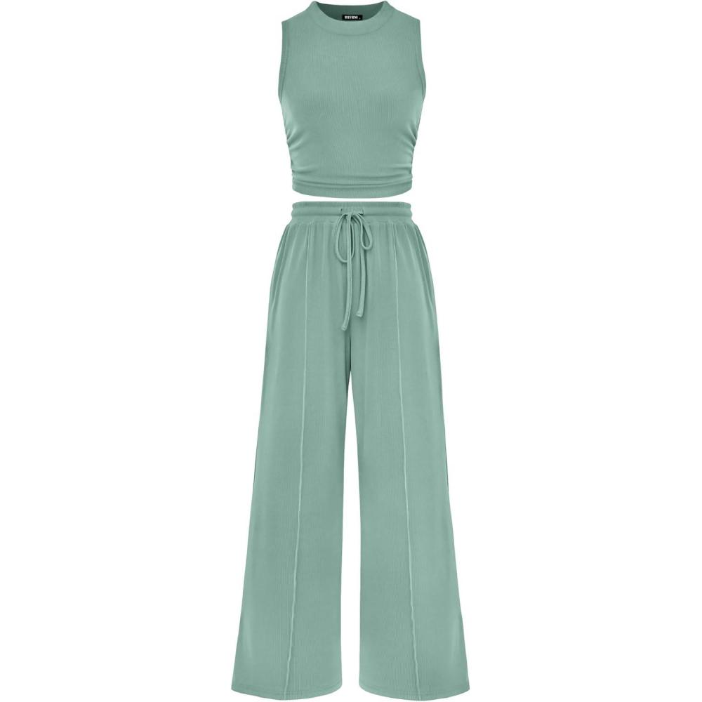 imageBTFBM Summer Outfits For Women 2026 Cropped Sleeveless Tank Tops Wide Leg Pants 2 Piece Sets Beach Lounge Set ClothingFruit Green