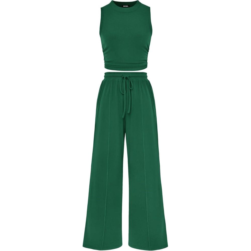imageBTFBM Summer Outfits For Women 2026 Cropped Sleeveless Tank Tops Wide Leg Pants 2 Piece Sets Beach Lounge Set ClothingGreen